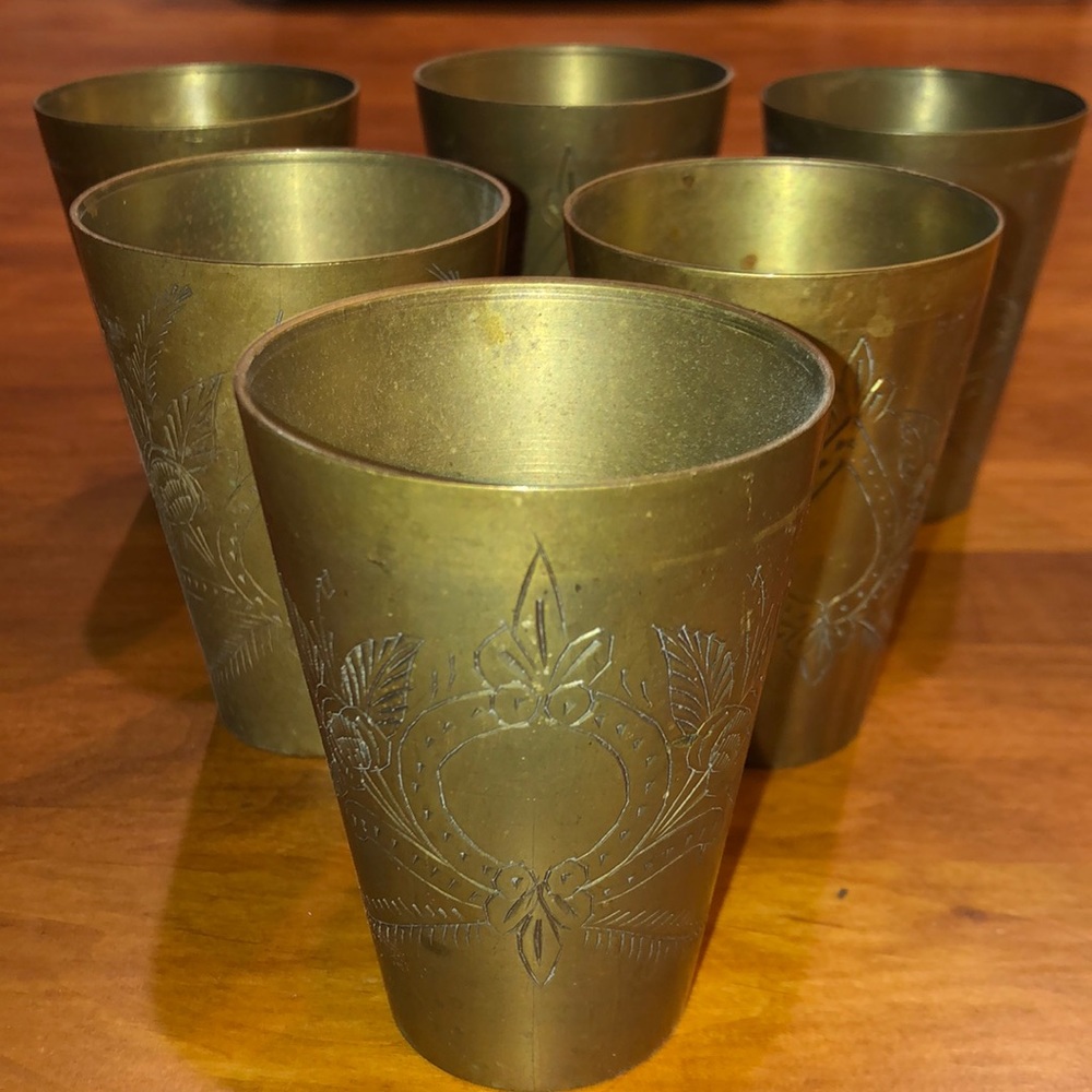 SET of 6 Brass Cups Engraved Vintage Antique Beautiful Patina